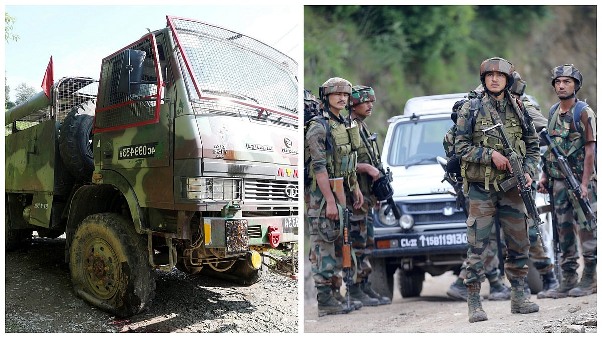 PTI images : L: Punctured tyres of the Indian Army vehicle following a terrorist attack on an Army convoy, in Kathua district, Tuesday | R: Search op on after the terrorist attack 